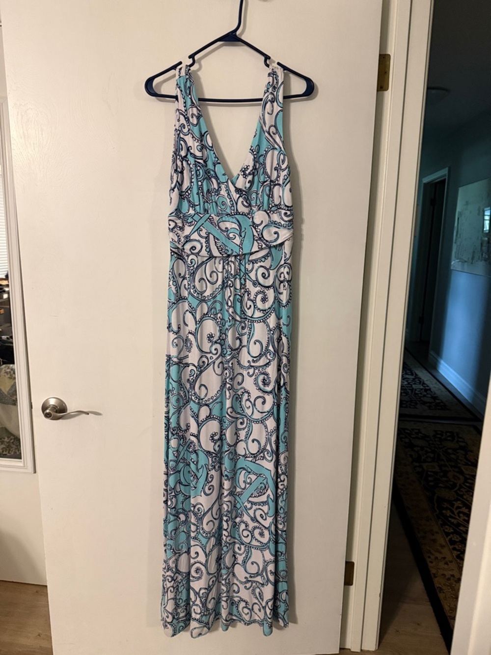 Lilly Pulitzer White and Aqua Blue Paisley Maxi Dress